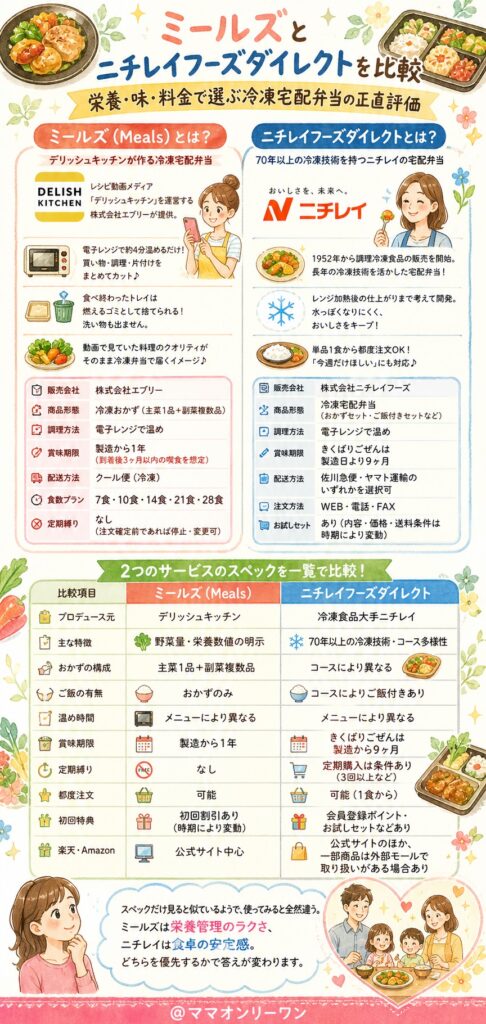 ミールズとニチレイフーズダイレクトの基本情報はどう違う?