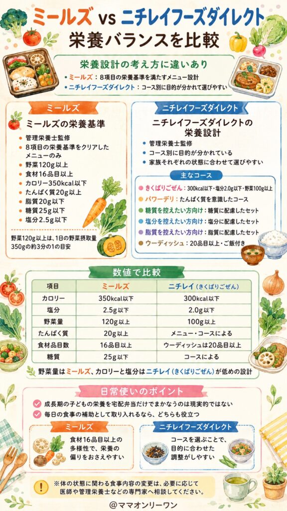 ミールズとニチレイフーズダイレクト 栄養バランスはどっちが優秀?「ちゃんと食べさせている」と安心できるのは?