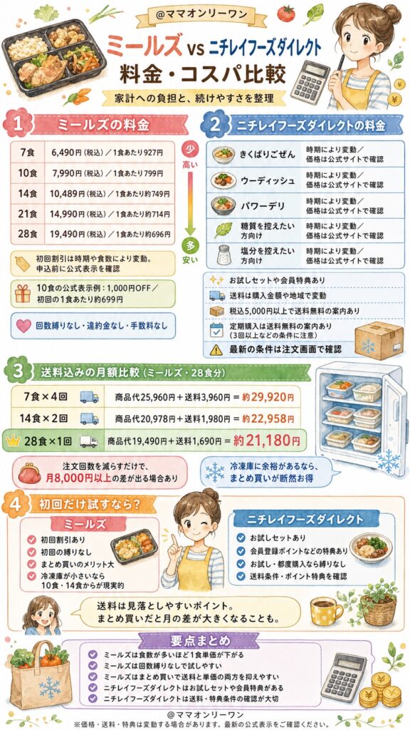ミールズとニチレイフーズダイレクト 料金・コスパはどっちがお得?家計への負担と「続けられるか」の現実