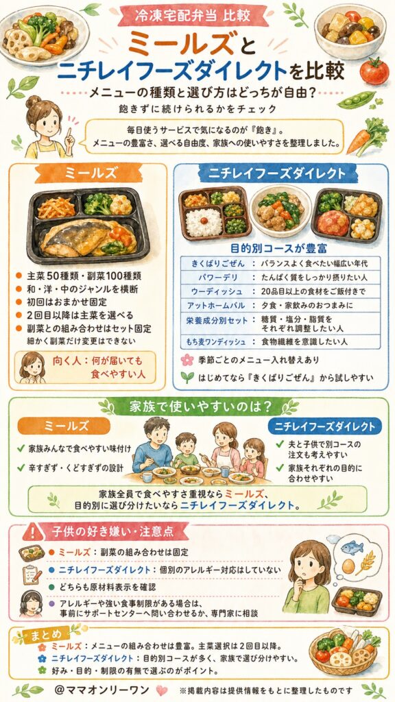 ミールズとニチレイフーズダイレクト メニューの種類と選び方はどっちが自由?飽きずに続けられるか
