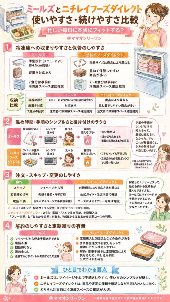 ミールズとニチレイフーズダイレクト 使いやすさ・続けやすさはどっちが上?忙しいママの毎日に本当にフィットするか