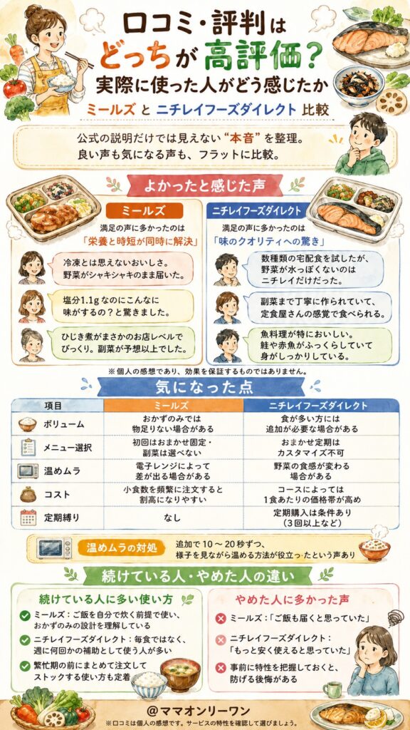 ミールズとニチレイフーズダイレクト 口コミ・評判はどっちが高評価?実際に使った人がどう感じたか