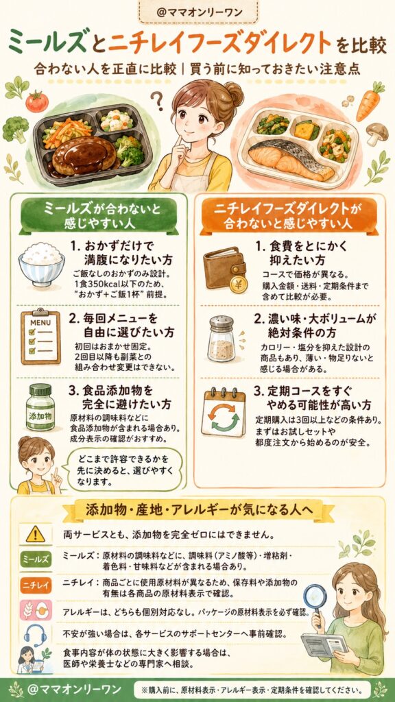 ミールズとニチレイフーズダイレクト 合わない人を正直に比較|買う前に知っておかないと後悔する注意点は?