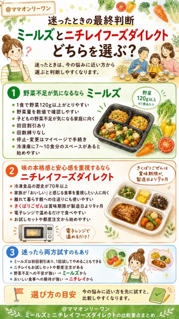 ミールズとニチレイフーズダイレクト 迷ったときの最終判断|今日どちらを選んで動くかを決めるために