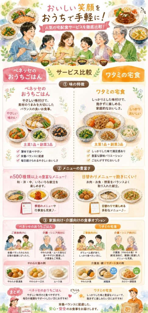 ベネッセのおうちごはんとワタミの宅食 味・メニューの豊富さはどちらが上?家族が飽きずに続けられるのか