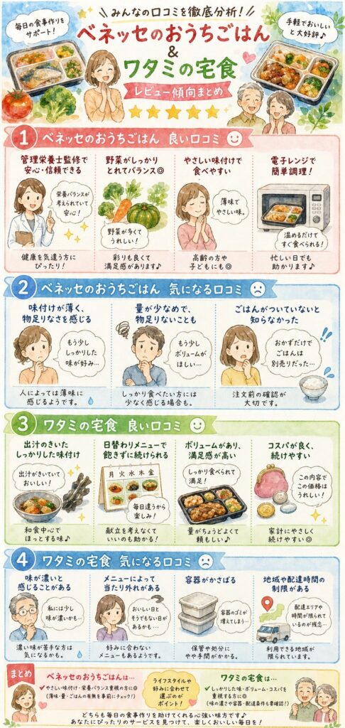 ベネッセのおうちごはんとワタミの宅食 口コミ・評判はどう違う?実際に使った人の声を整理する