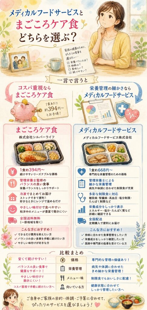 どちらを選ぶべき?メディカルフードサービスとまごころケア食の選び方