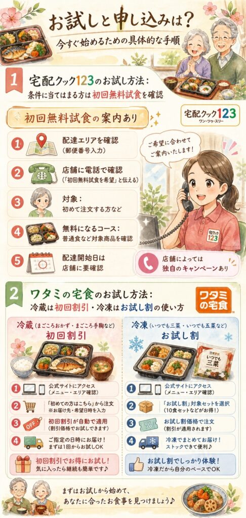 宅配クック123とワタミの宅食 お試しと申し込みは？今すぐ始めるための具体的な手順