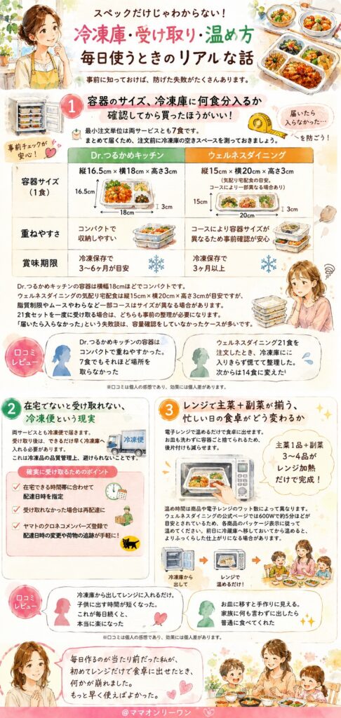ウェルネスダイニングとDr.つるかめキッチン冷凍庫・受け取り・温め方、毎日使うときのリアルな話は？
