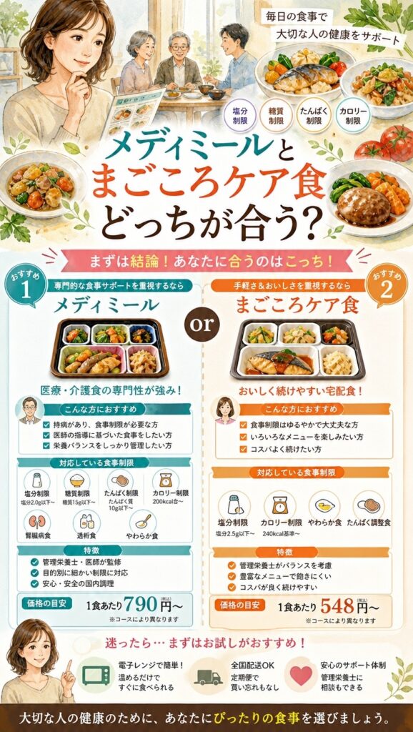 メディミールとまごころケア食、あなたの家族に本当に合うのはどちらか？