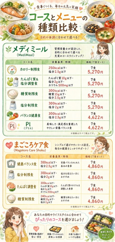 メディミールとまごころケア食 どのコースを選べばいい？メニューの種類は何が違う？