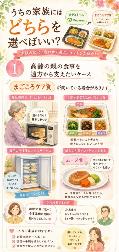 メディミールとまごころケア食 うちの家族にはどちらを選べばいい？