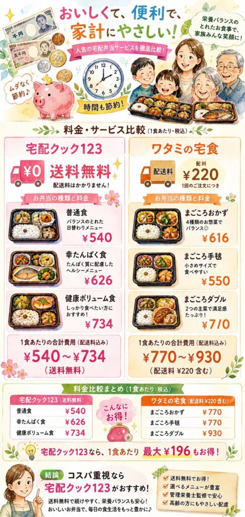 宅配クック123とワタミの宅食 料金とコスパは？送料込みで計算した実際の価格