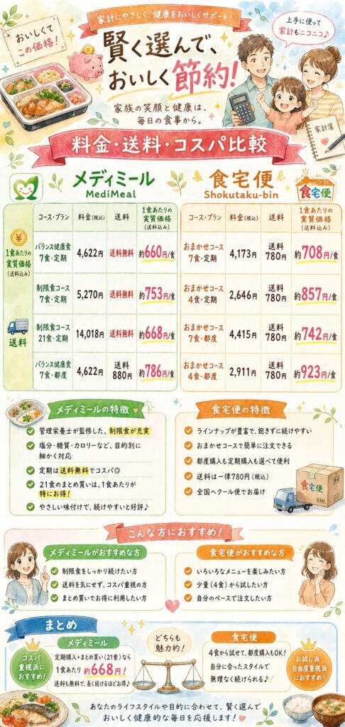 メディミールと食宅便 料金・送料・コスパはどちらがお得なのか?