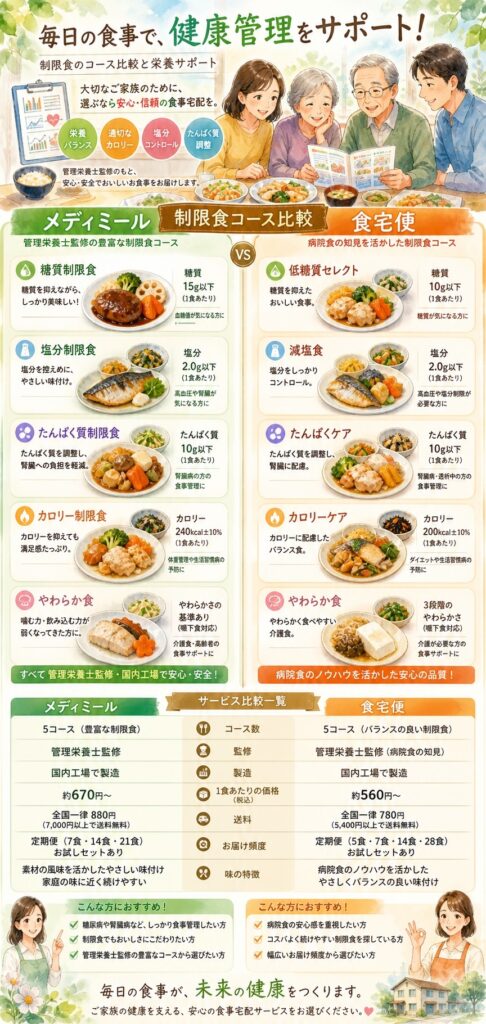 メディミールと食宅便 対応コースと食事制限の幅はどこまで対応しているのか?