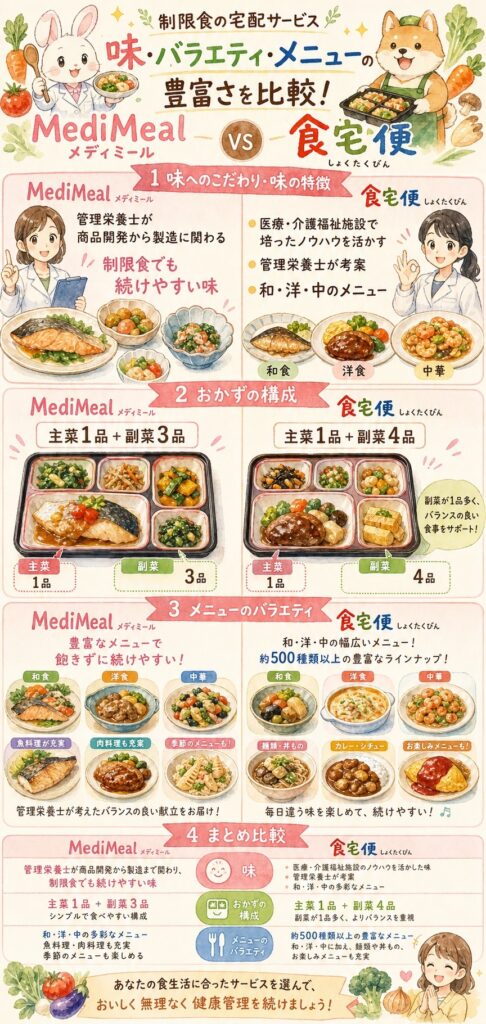メディミールと食宅便 味・品数・メニューはどちらが充実しているのか?