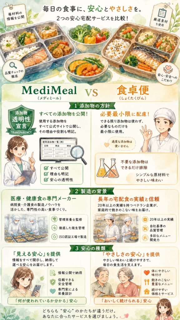 メディミールと食宅便 添加物・製造背景・安心感はどう違うのか?