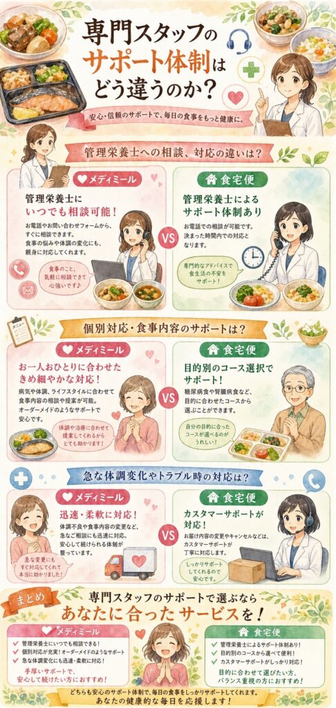 メディミールと食宅便 専門スタッフのサポート体制はどう違うのか?