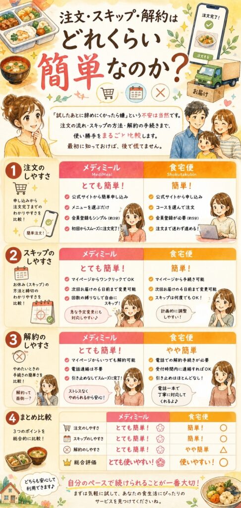 メディミールと食宅便 注文・スキップ・解約はどれくらい簡単なのか?