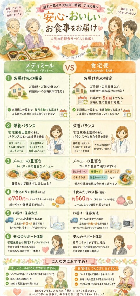 メディミールと食宅便 離れて暮らす親・祖父母に届けたい場合、どちらが向いているのか?