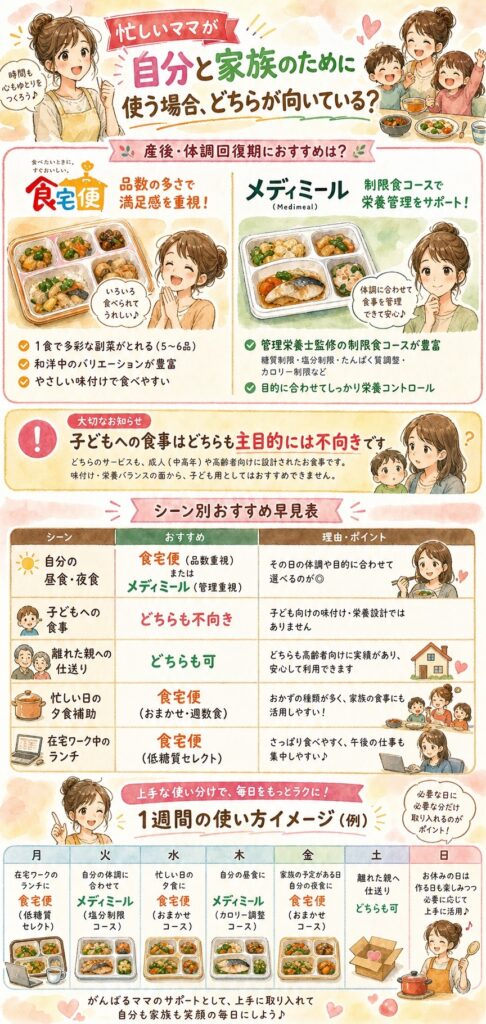 メディミールと食宅便 忙しいママが自分と家族のために使う場合、どちらが向いているのか?