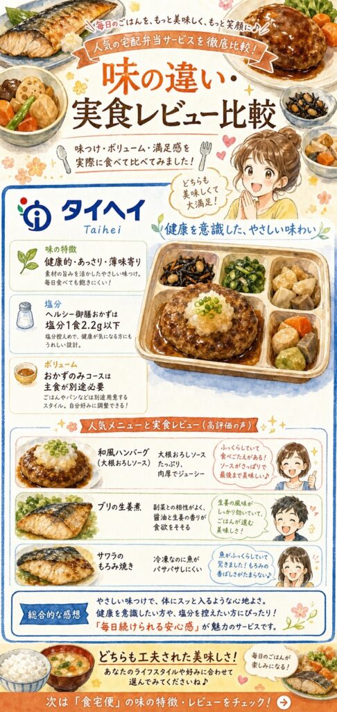 タイヘイファミリーセットと食宅便 味はどう違う？実食レビューと口コミの正直な比較