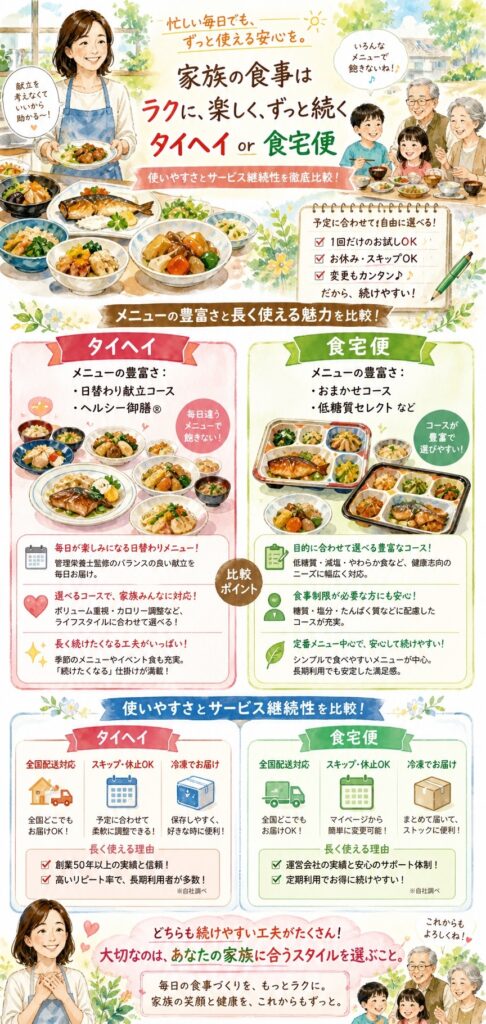 タイヘイファミリーセットと食宅便 続けやすさは？使い勝手とサービス設計の違いは何？
