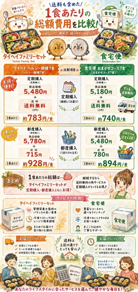 タイヘイファミリーセットと食宅便 本当のコストは？送料込みの料金比較はどうなる？