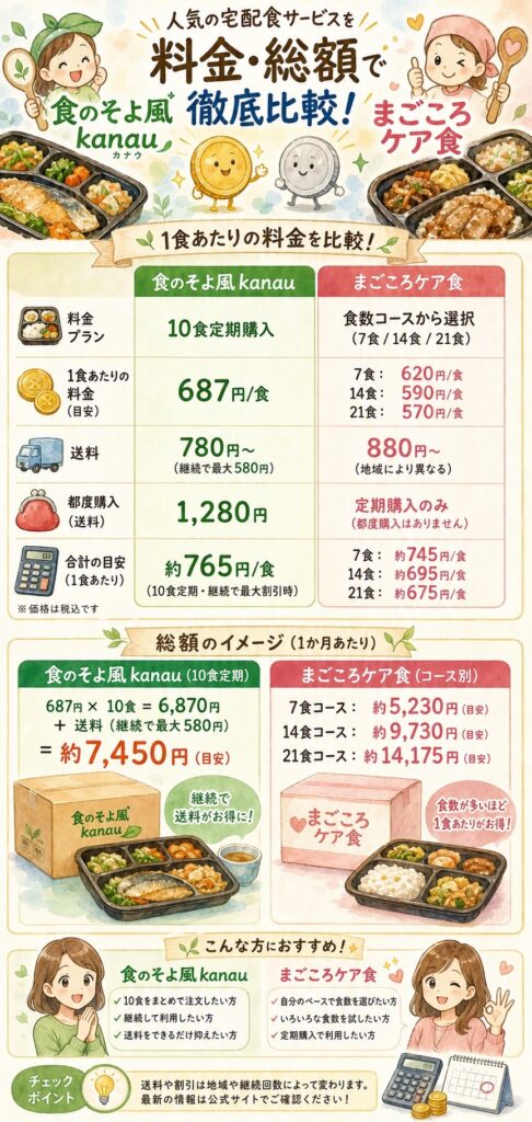 食のそよ風kanauとまごころケア食 料金・コスト、包み隠さず比べるとどうなる？