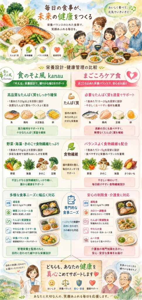 食のそよ風kanauとまごころケア食 栄養バランスと健康面の設計、どう違う？