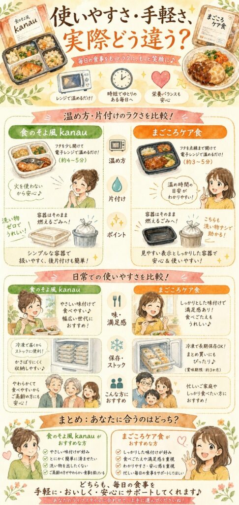 食のそよ風kanauとまごころケア食 使いやすさ・手軽さ、実際どう違う？