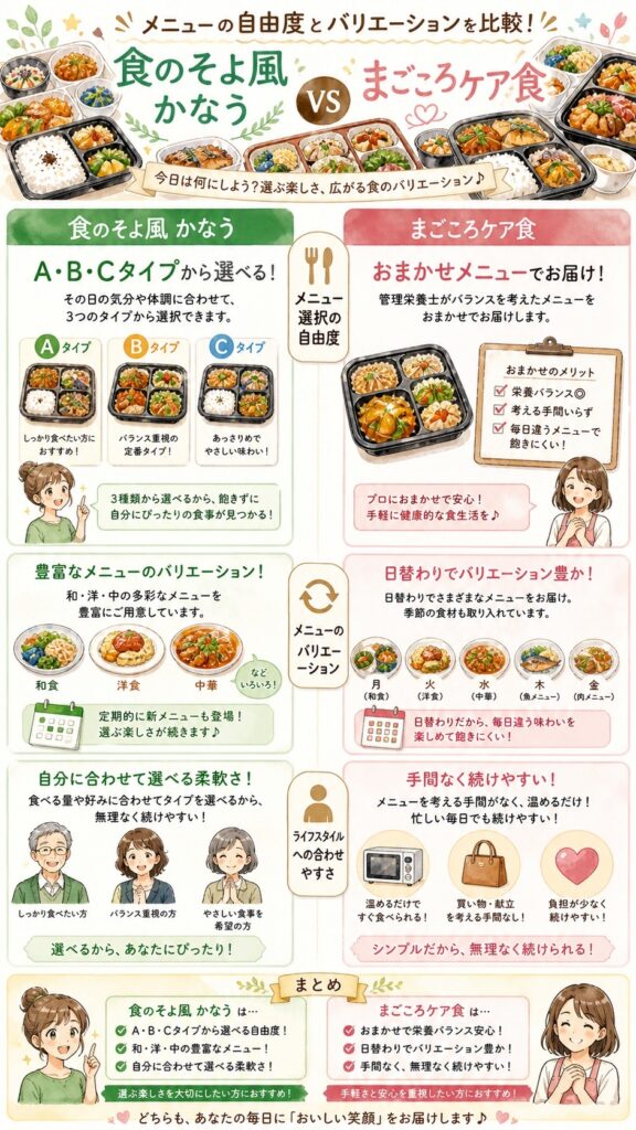 食のそよ風kanauとまごころケア食 メニューの自由度とバリエーション、どちらが選べる？