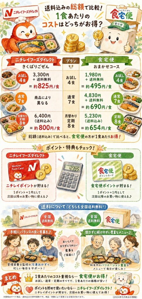 ニチレイフーズダイレクトと食宅便 送料込みで計算すると、どちらがお得？