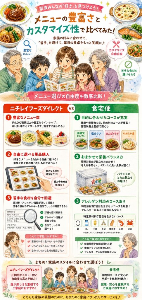 ニチレイフーズダイレクトと食宅便 メニューの豊富さと選びやすさはどちらが上？