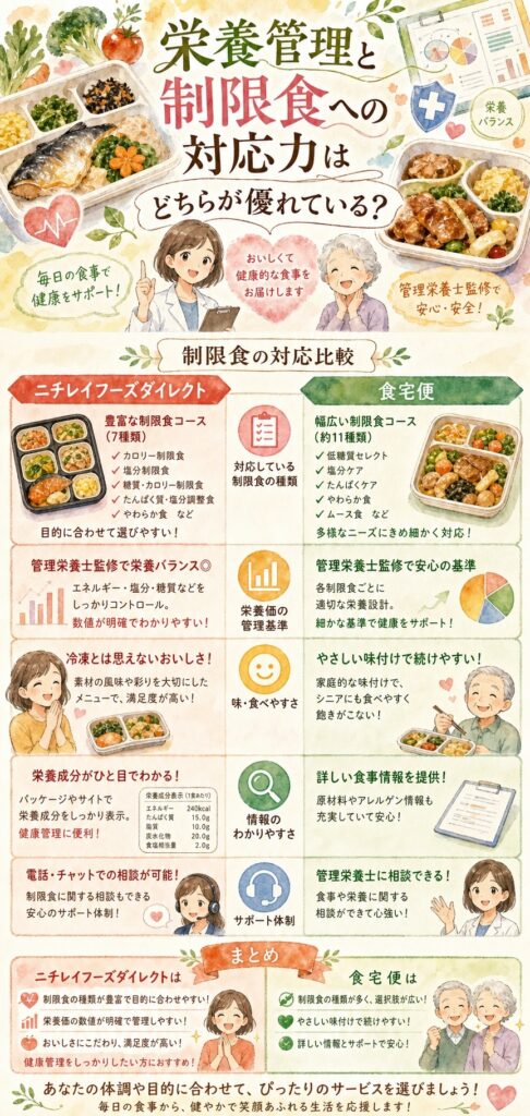 ニチレイフーズダイレクトと食宅便 栄養管理と制限食への対応力はどちらが優れている？