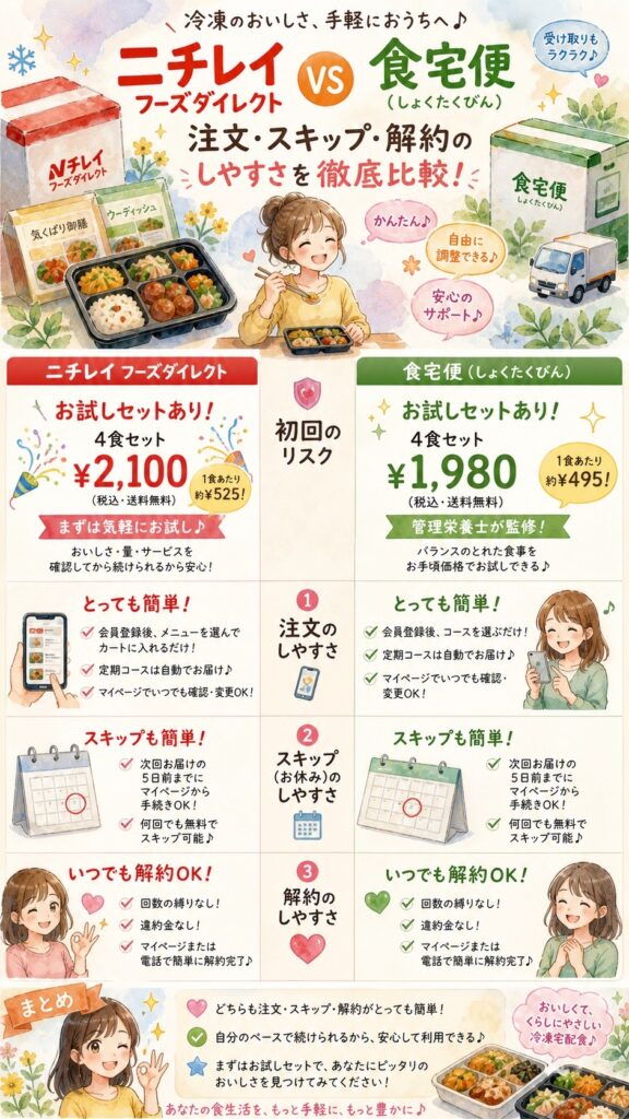 ニチレイフーズダイレクトと食宅便 注文・スキップ・解約はどちらが簡単？
