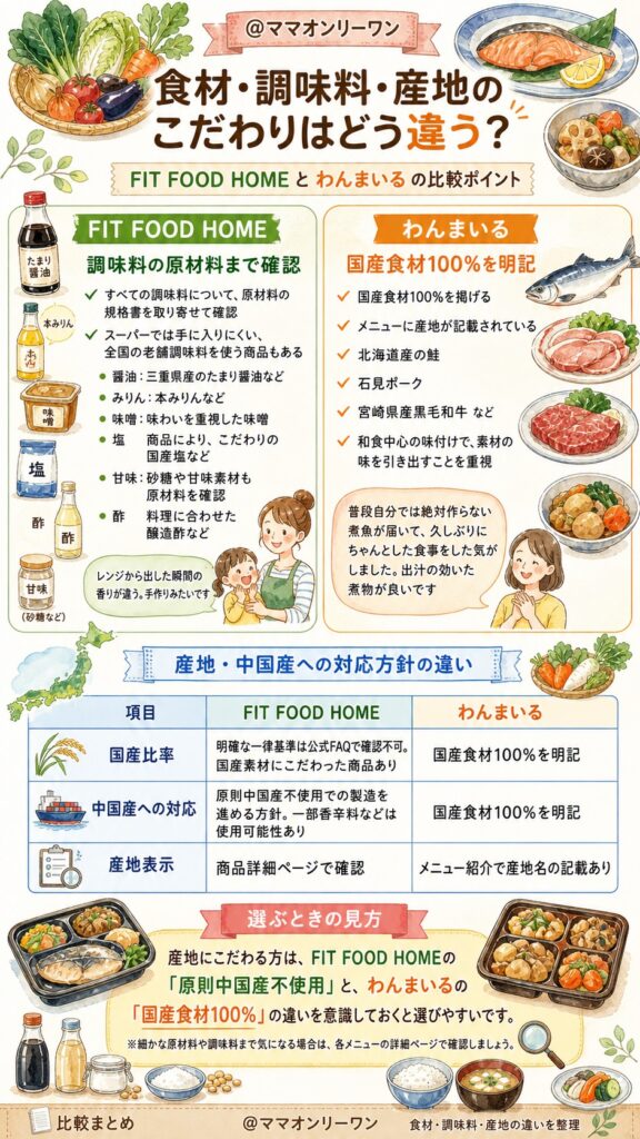 わんまいるとFIT FOOD HOME 食材・調味料・産地のこだわりはどう違う？