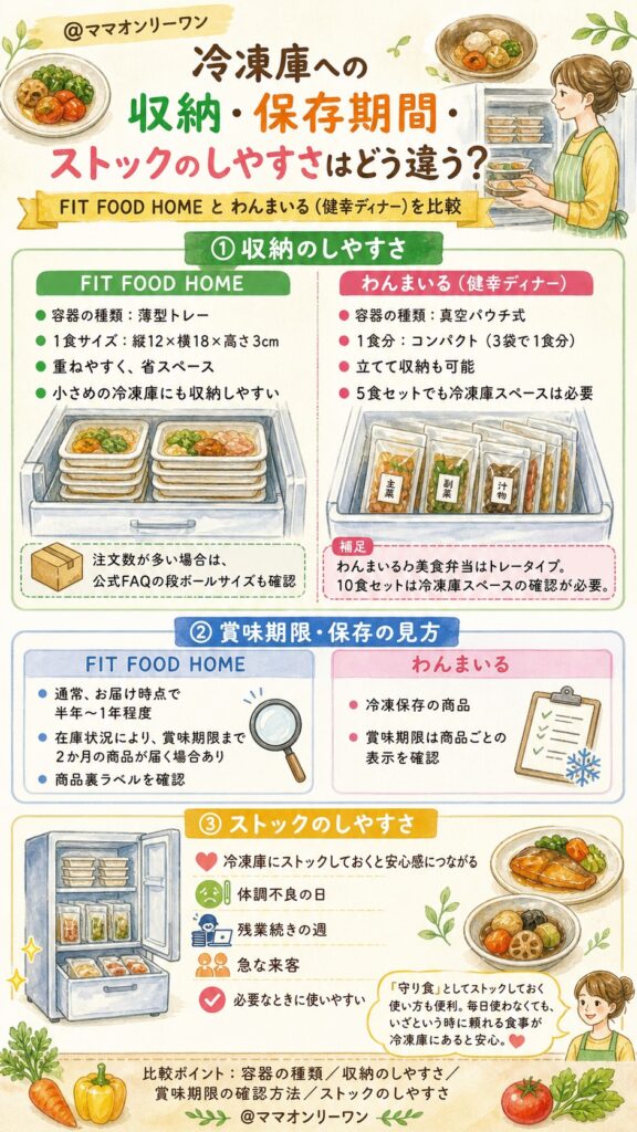 わんまいるとFIT FOOD HOME 冷凍庫への収納・保存期間・ストックのしやすさはどう違う？