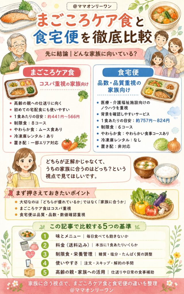 まごころケア食と食宅便 どちらがどんな家族に向いているか?先に結論を伝えます