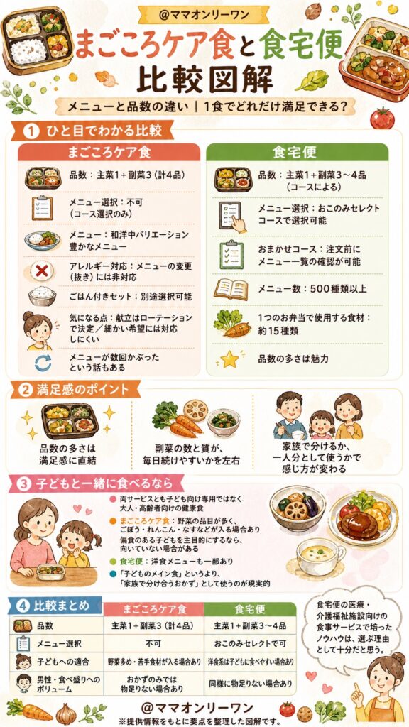 まごころケア食と食宅便 メニューと品数の違いは?1食でどれだけ満足できるか
