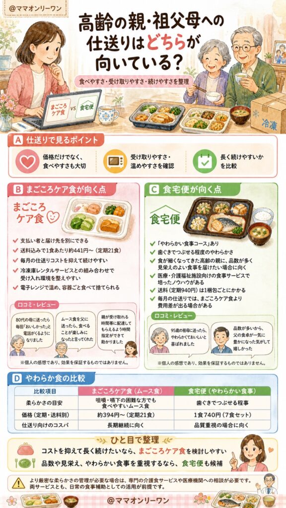 まごころケア食と食宅便 高齢の親・祖父母への仕送りはどちらが向いているか?