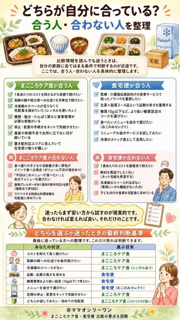 まごころケア食と食宅便 どちらが自分に合っているか?合う人・合わない人を整理します