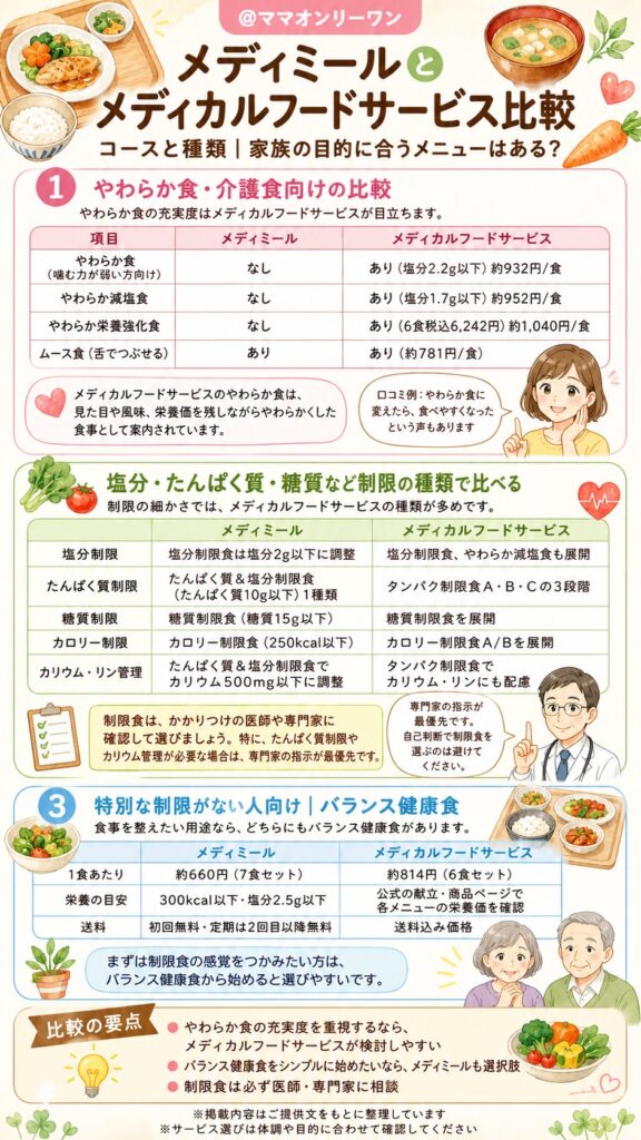 メディミールとメディカルフードサービス コースと種類｜家族の目的に合うメニューはあるのか？