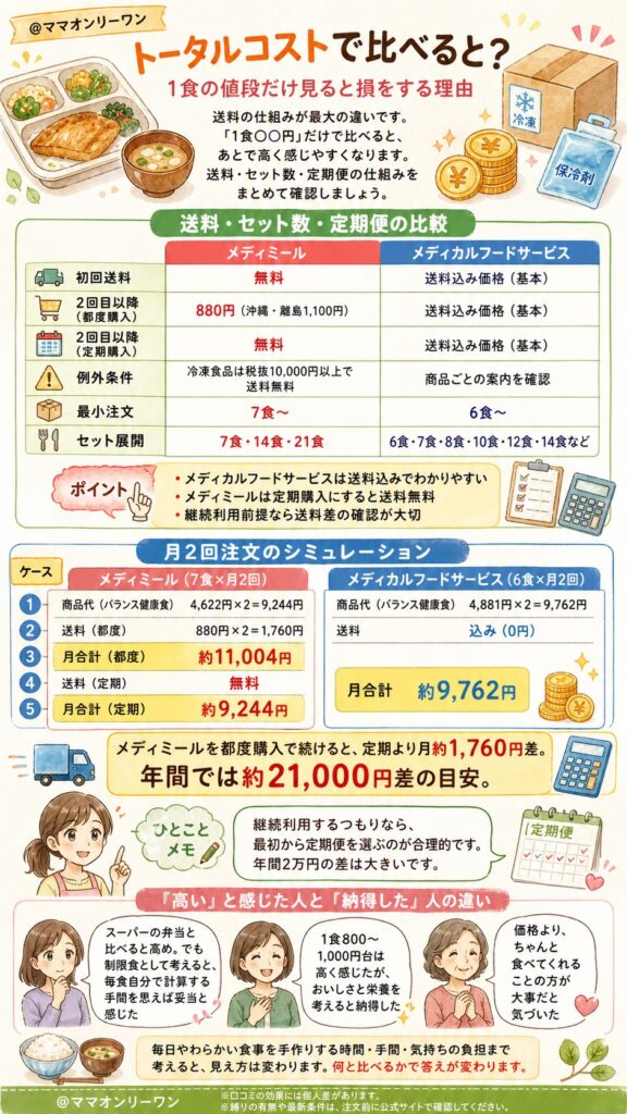 メディミールとメディカルフードサービス トータルコストで比べると？1食の値段だけ見ると損をする理由