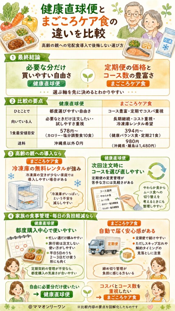 どちらを選ぶべきか?健康直球便とまごころケア食の最終結論は