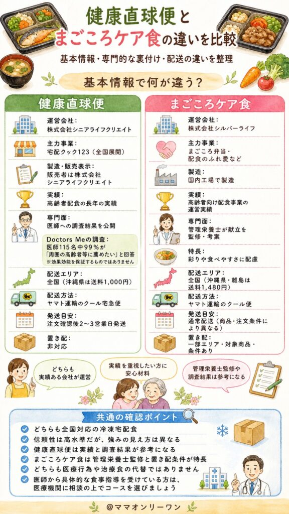 基本情報で何が違う?健康直球便とまごころケア食を比較