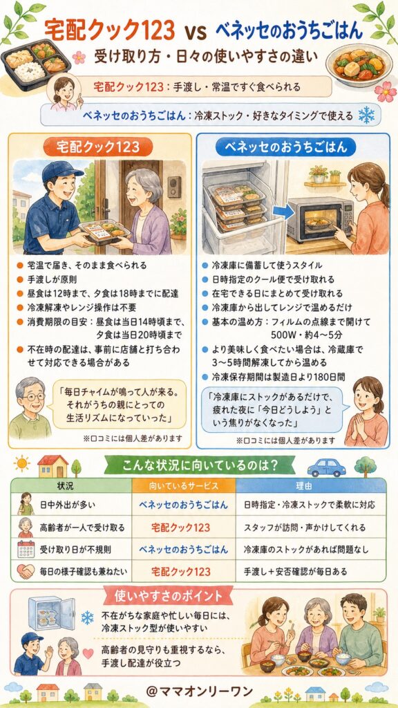 宅配クック123とベネッセのおうちごはん 受け取り方・日々の使いやすさはどう違う?