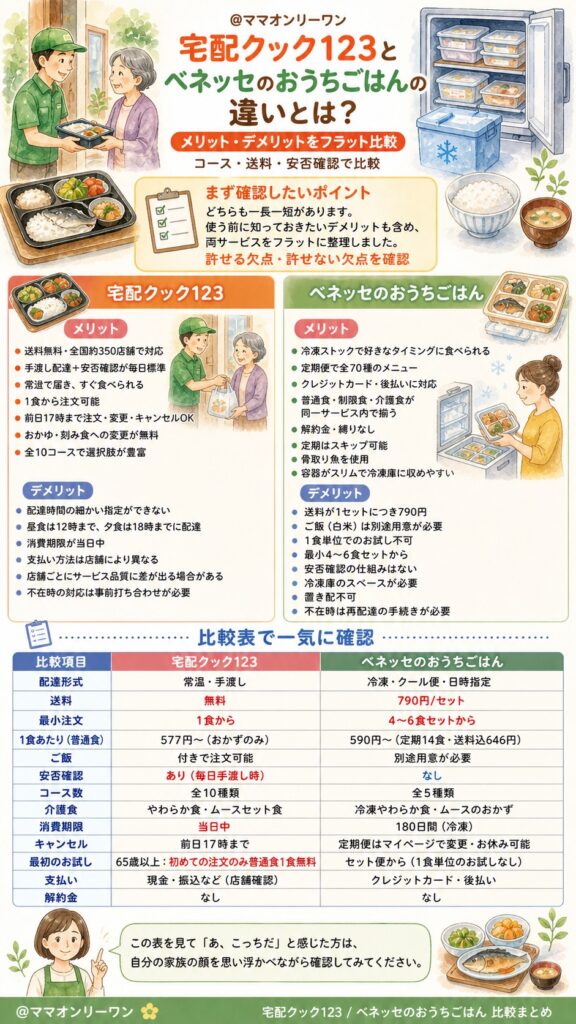 宅配クック123とベネッセのおうちごはん メリット・デメリットをフラットに並べるとどうなる?