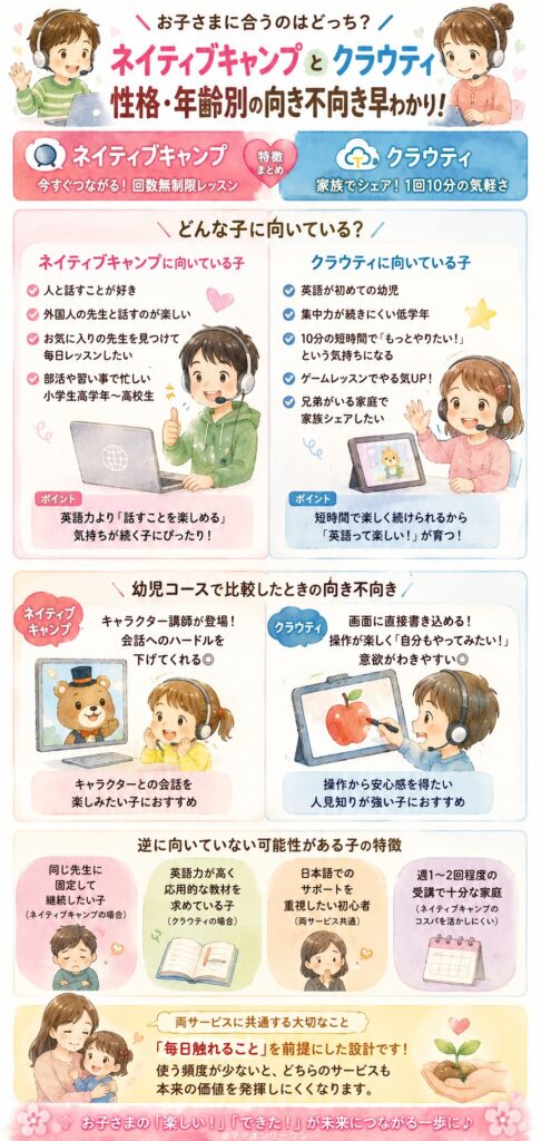 ネイティブキャンプとクラウティ どんな性格・年齢の子供が向いている?