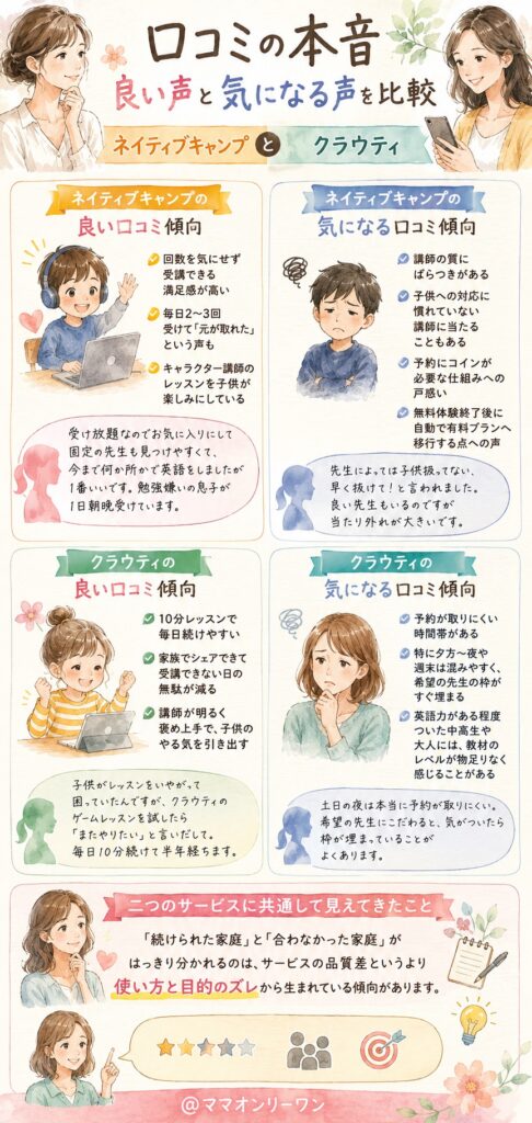 ネイティブキャンプとクラウティ 口コミの本音、良い声と気になる声を比較